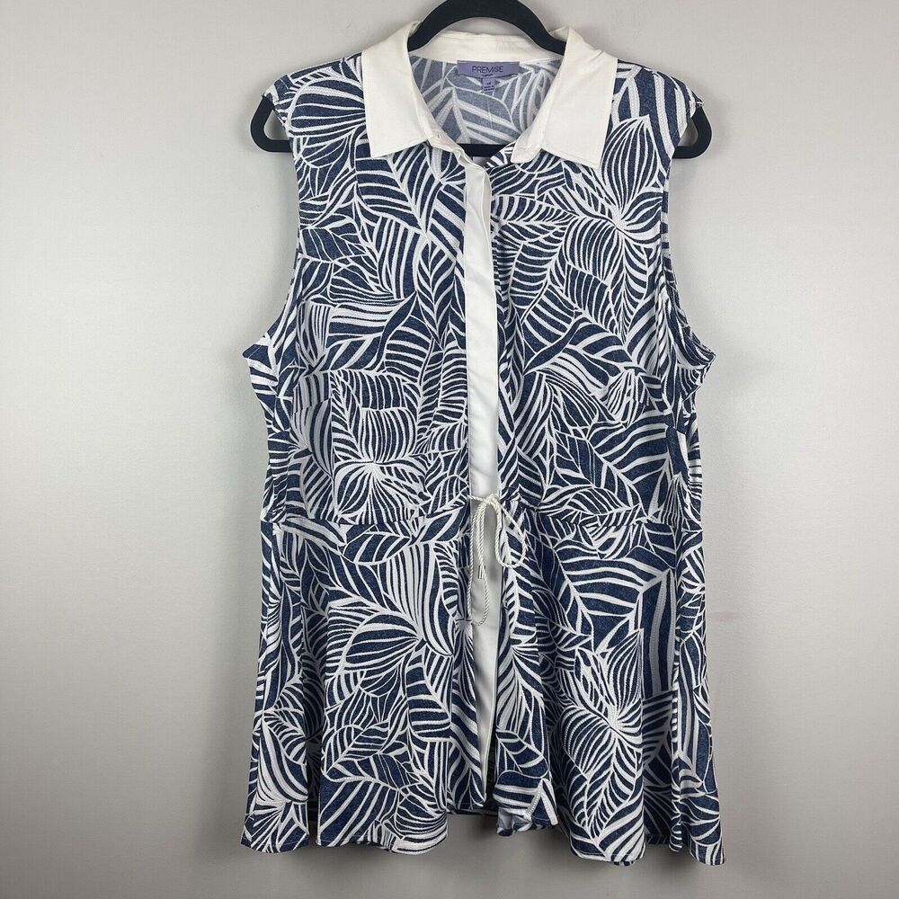 Premise Tunic Top Women 1X Blue White Button Front Collared Floral Blouse Mature